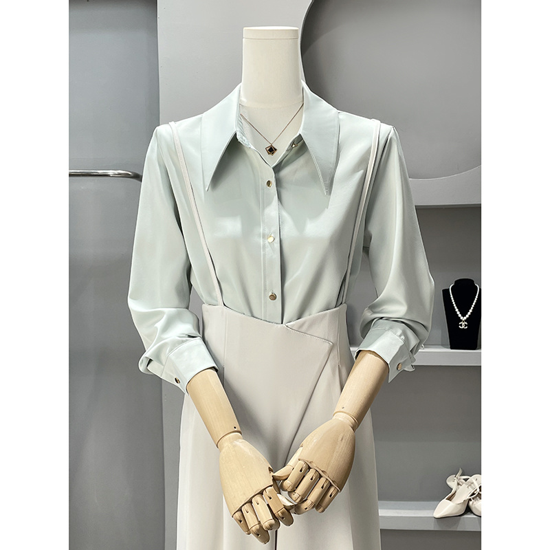 Women Formal Wear Korean - 長袖シャツ レディース シフォンブラウス スリムフィット レースアップ フリル付き