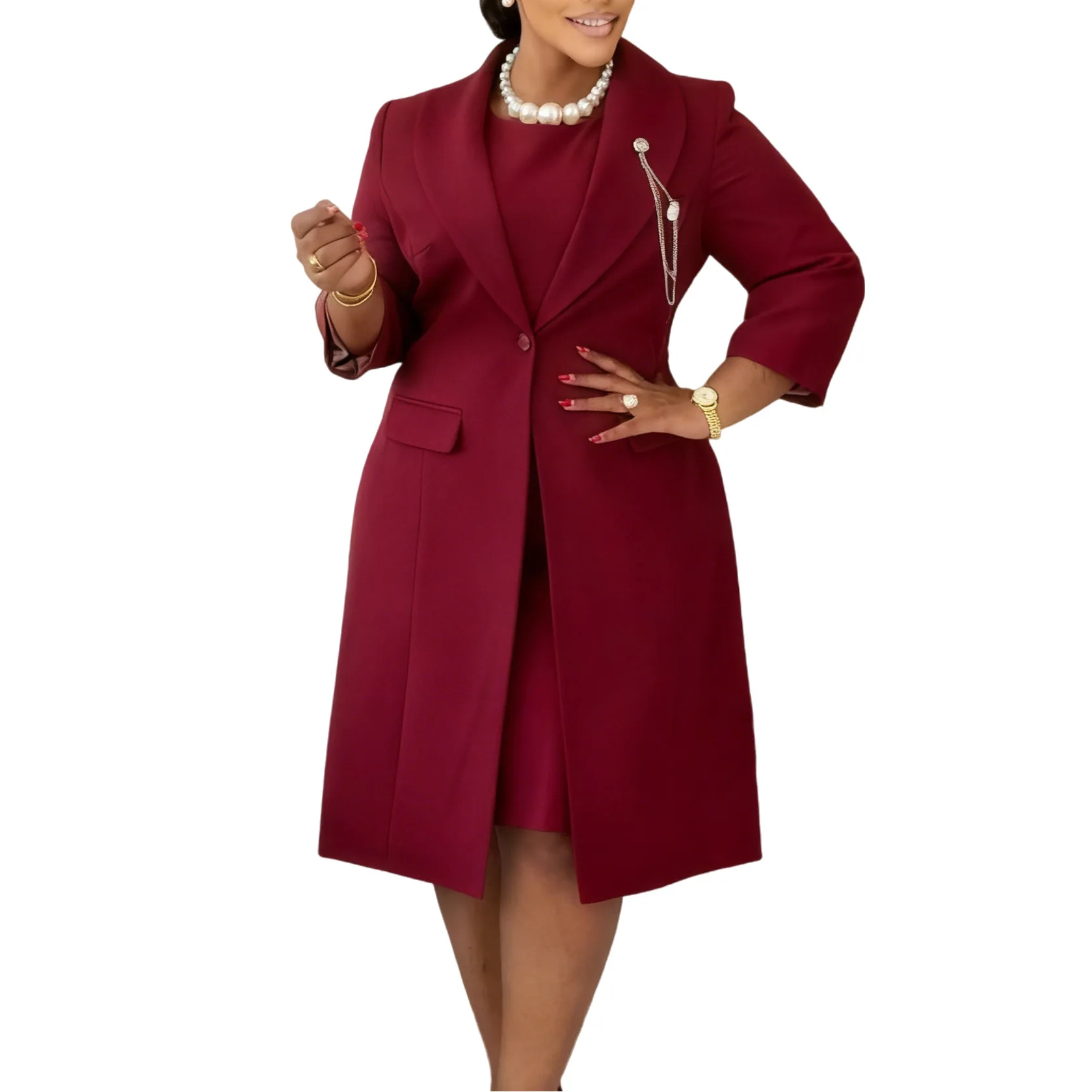 Women Formal Wear Dubai - オフィスレディー向けエレガントなツーピースセット、ブレザーコート、チェストチェーン付きOネックノースリーブインナーワンピース、上品なスリムフィット、教会やフォーマルな場、仕事着に最適