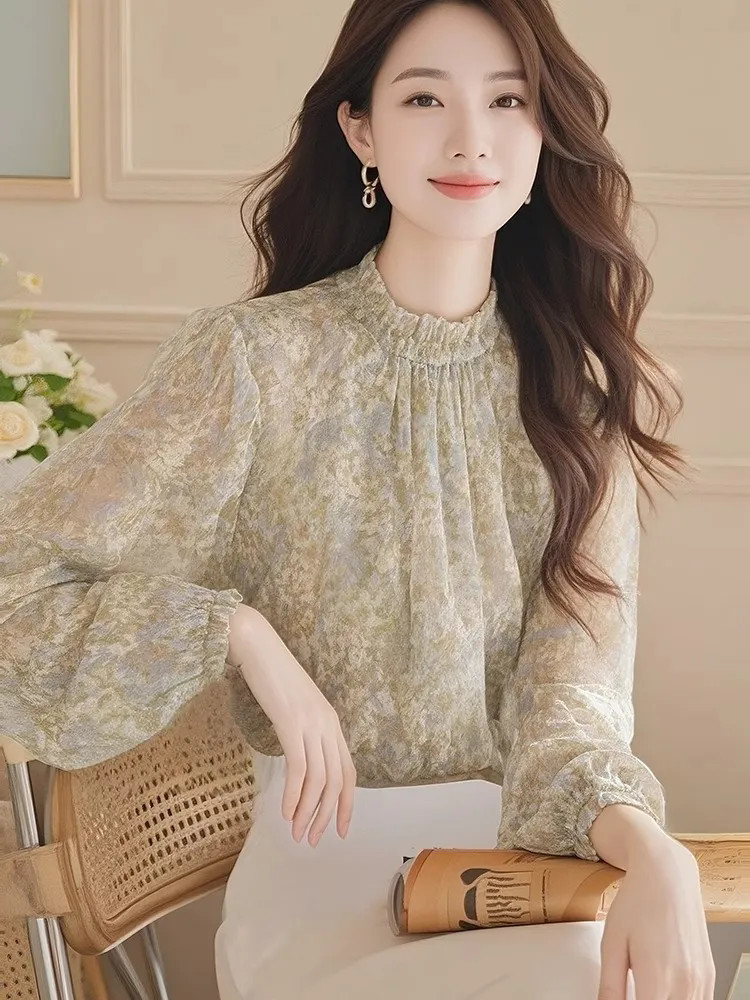 Women Formal Wear Korean - 長袖シャツ レディース サテン プリーツ ボタンダウン トップス