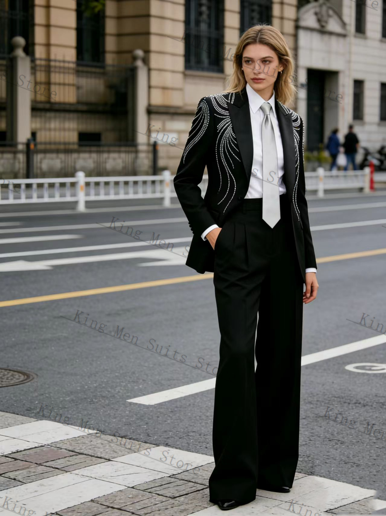 Women Formal Wear With Black Blazer - 黒人女性スーツセット 2 個ブレザー + パンツズボンクリスタル春カスタマイズされたフォーマルオフィス結婚式タキシードコートプロムジャケット
