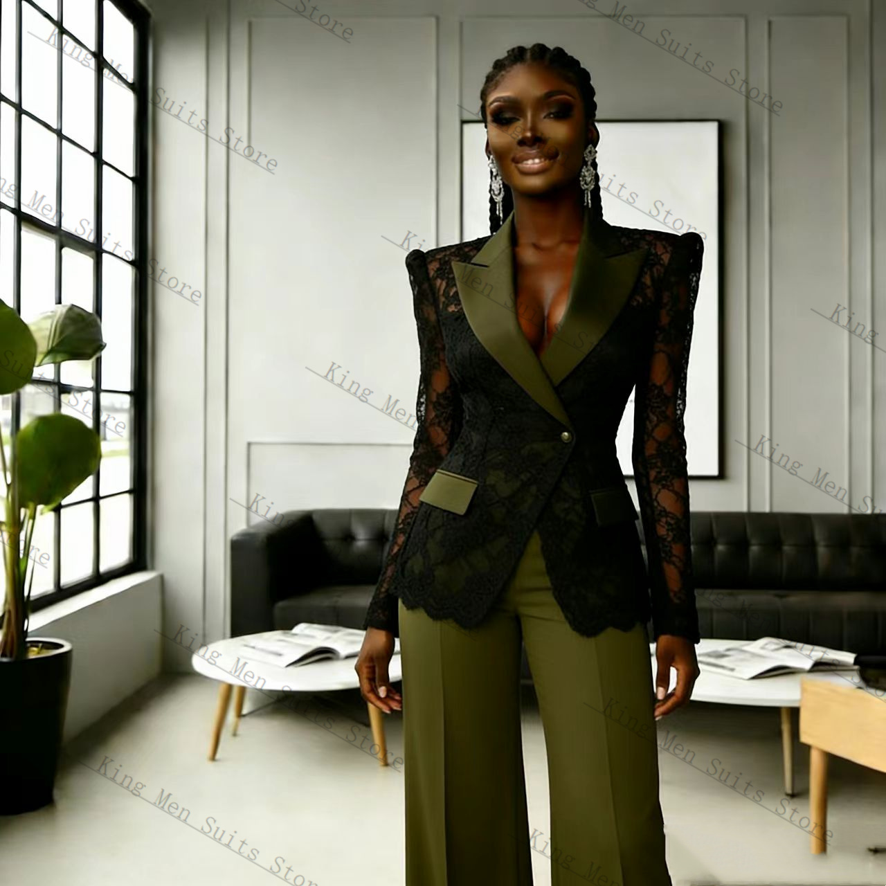 Women Formal Wear With Black Blazer - グリーンブラックレース女性スーツセット 2 個ブレザー + パンツズボン秋春カスタマイズされたフォーマルゲスト結婚式タキシードコートジャケット
