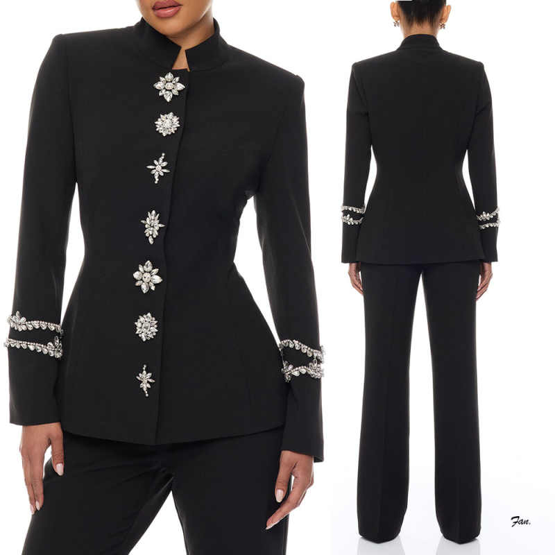 Women Formal Wear Designers - デザイナークリスタル女性パンツスーツセレブイブニングパーティー結婚式フォーマルイブニングウェアジャケットブレザーセット 2 個セット