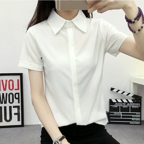 Women Formal Wear Korean - 白いルーズ半袖シャツ女性夏韓国スタイル大きいサイズ学生フォーマルカジュアルオフィスウェア襟ボタンアップ