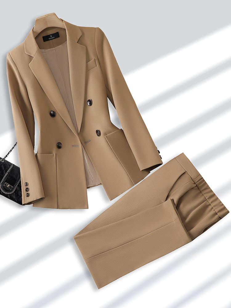 Women Formal Wear With Black Blazer - 女性のためのブレザーとズボンのスーツ、オフィス、ビジネス、仕事のためのフォーマルなパンツスーツ、女性のファッション、ベージュ、黒、カーキ、ポケット付き2ピースセット