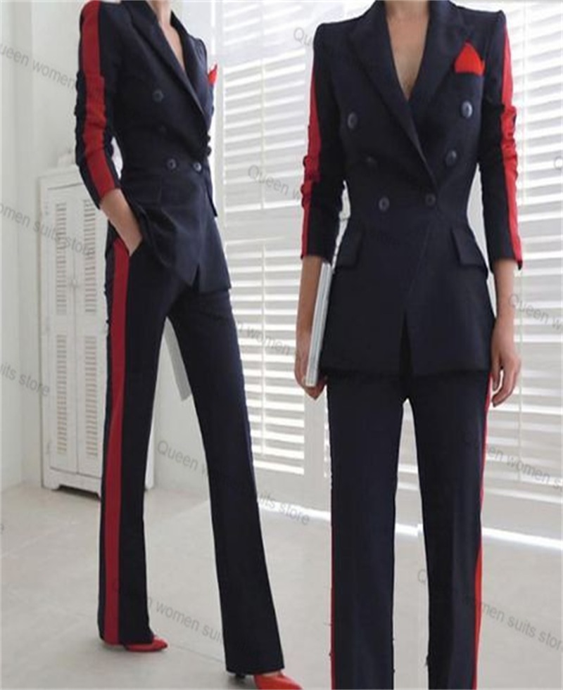Women Formal Wear With Black Blazer - 女性用2ピースフォーマルスーツセット,ブレザーとパンツ,ジャケット,コート,スプライシングカラー,タキシード,パンツ,カスタムメイド,赤,黒,秋
