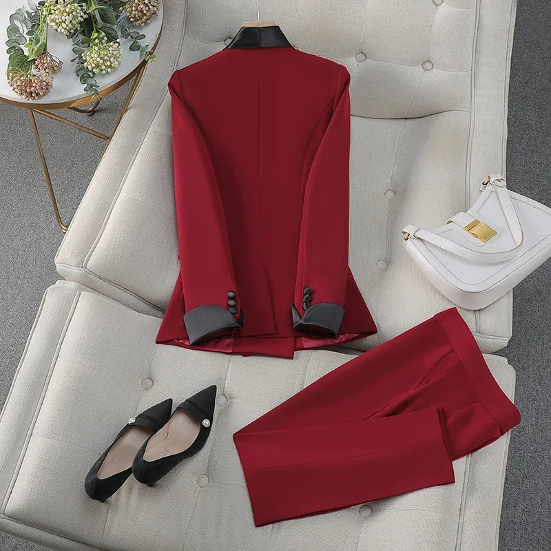Women Formal Wear With Black Blazer - エレガントな赤黒の女性用パンツスーツ、オフィスレディ、女性用ビジネスワークウェア、ツーピースセット、フォーマルブレザー、ジャケットとトラウザーズ