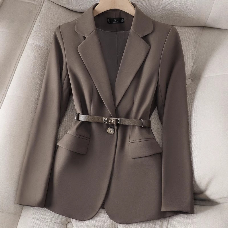 Women Formal Wear With Black Blazer - オフィスレディースブレザー女性ジャケット長袖シングルボタン女性ビジネスワークウェアスリムフォーマルコートアウターアプリコットブラック