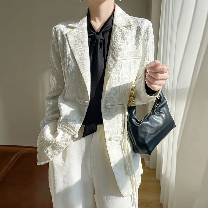 Women'S Formal Wear Jackets - レディース ホワイト テクスチャード ブレザー ジャケット ノッチドラペル