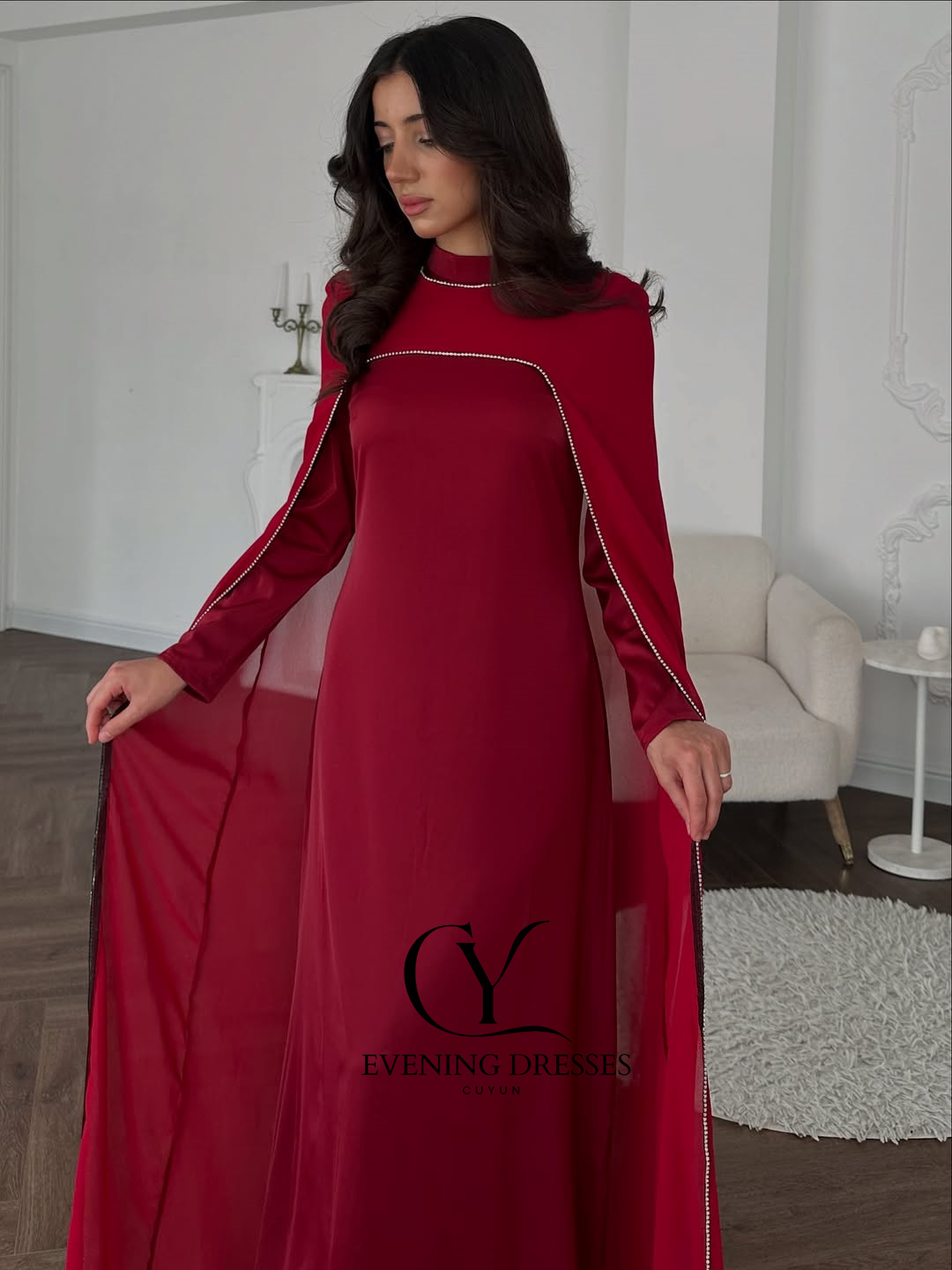 CUYUN レッドサウジ女性用イブニングドレス、ショール付き - Women Formal Wear Dubai のレビューと価格