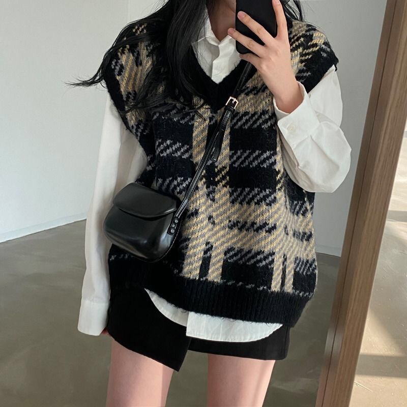 格子柄レディースセータートップス2025通勤カジュアルY2K - Women Formal Wear Korean のレビューと価格