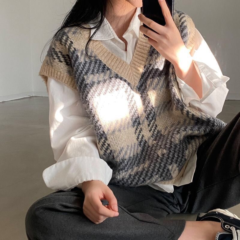 格子柄レディースセータートップス2025通勤カジュアルY2K - Women Formal Wear Korean のレビューと価格