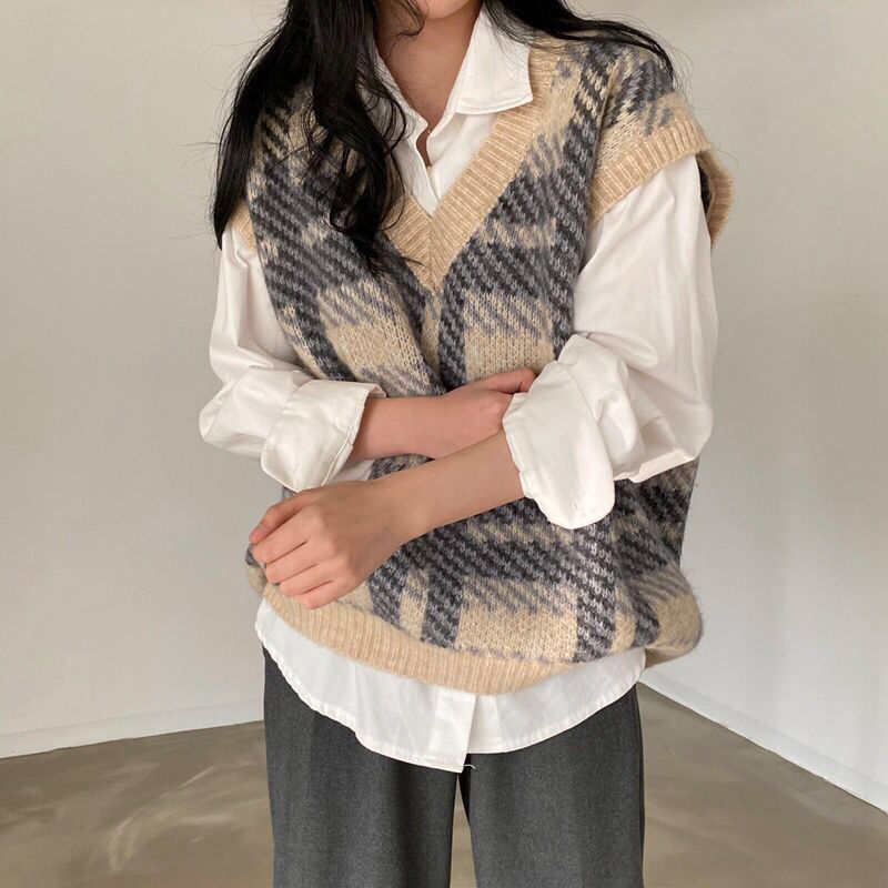 格子柄レディースセータートップス2025通勤カジュアルY2K - Women Formal Wear Korean のレビューと価格