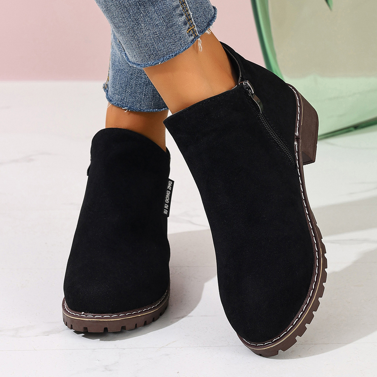 女性用秋冬アンクルブーツ サイドジッパー チャンキーヒール  - Women Formal Wear Shoes のレビューと価格