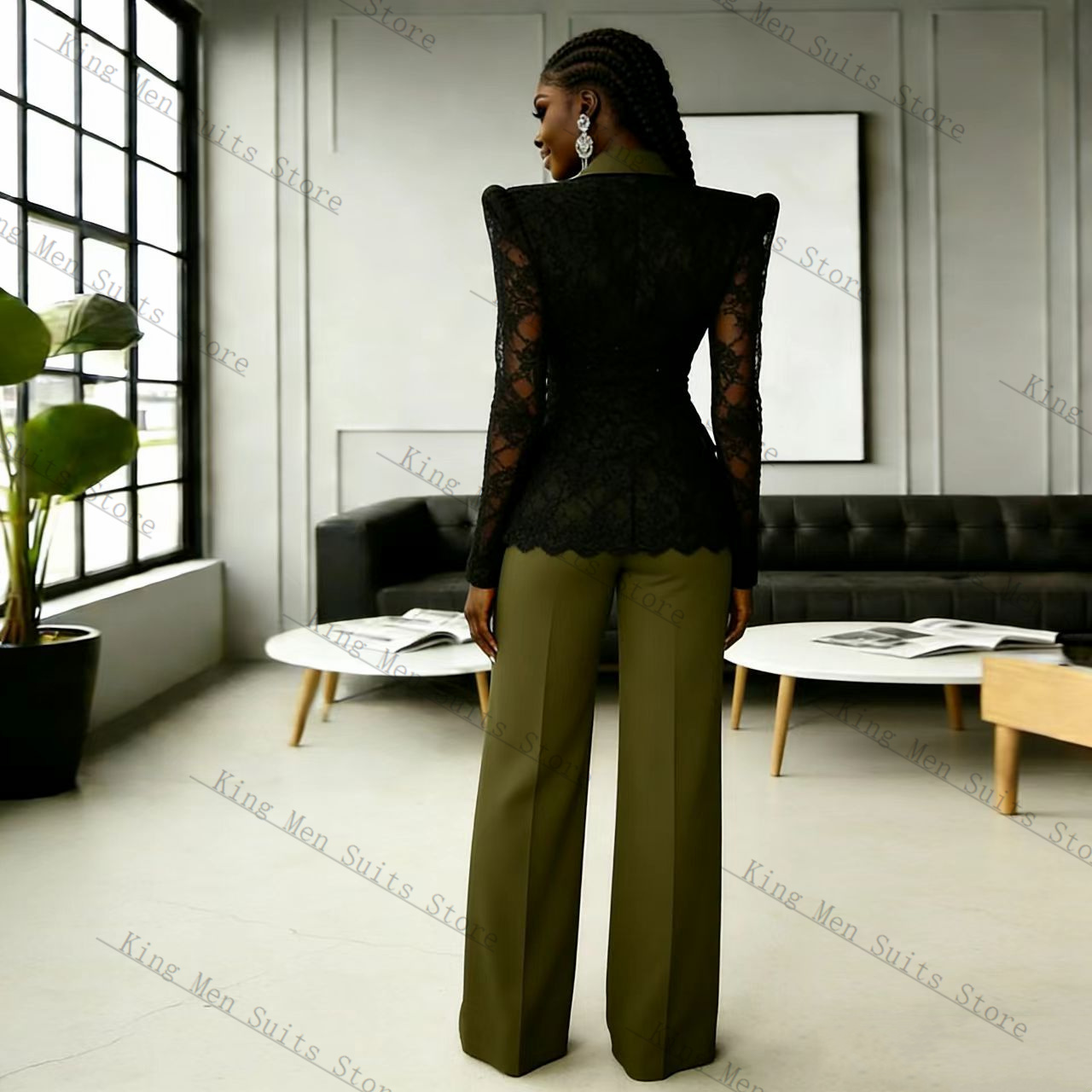 グリーンブラックレース女性スーツセット 2 個ブレザー +  - Women Formal Wear With Black Blazer のレビューと価格