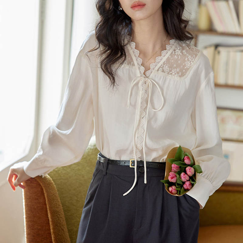 長袖シャツ レディース サテン スタンドカラー リラックスフ - Women Formal Wear Korean のレビューと価格