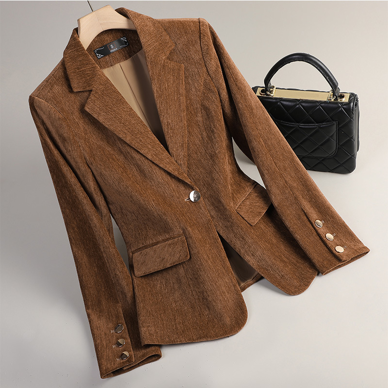 イエローゴールドベルベットブレザー女性秋冬カジュアルスーツフ - Women'S Formal Wear Jackets のレビューと価格