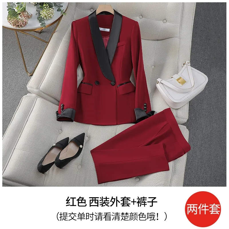 エレガントな赤黒の女性用パンツスーツ、オフィスレディ、女性用 - Women Formal Wear With Black Blazer のレビューと価格