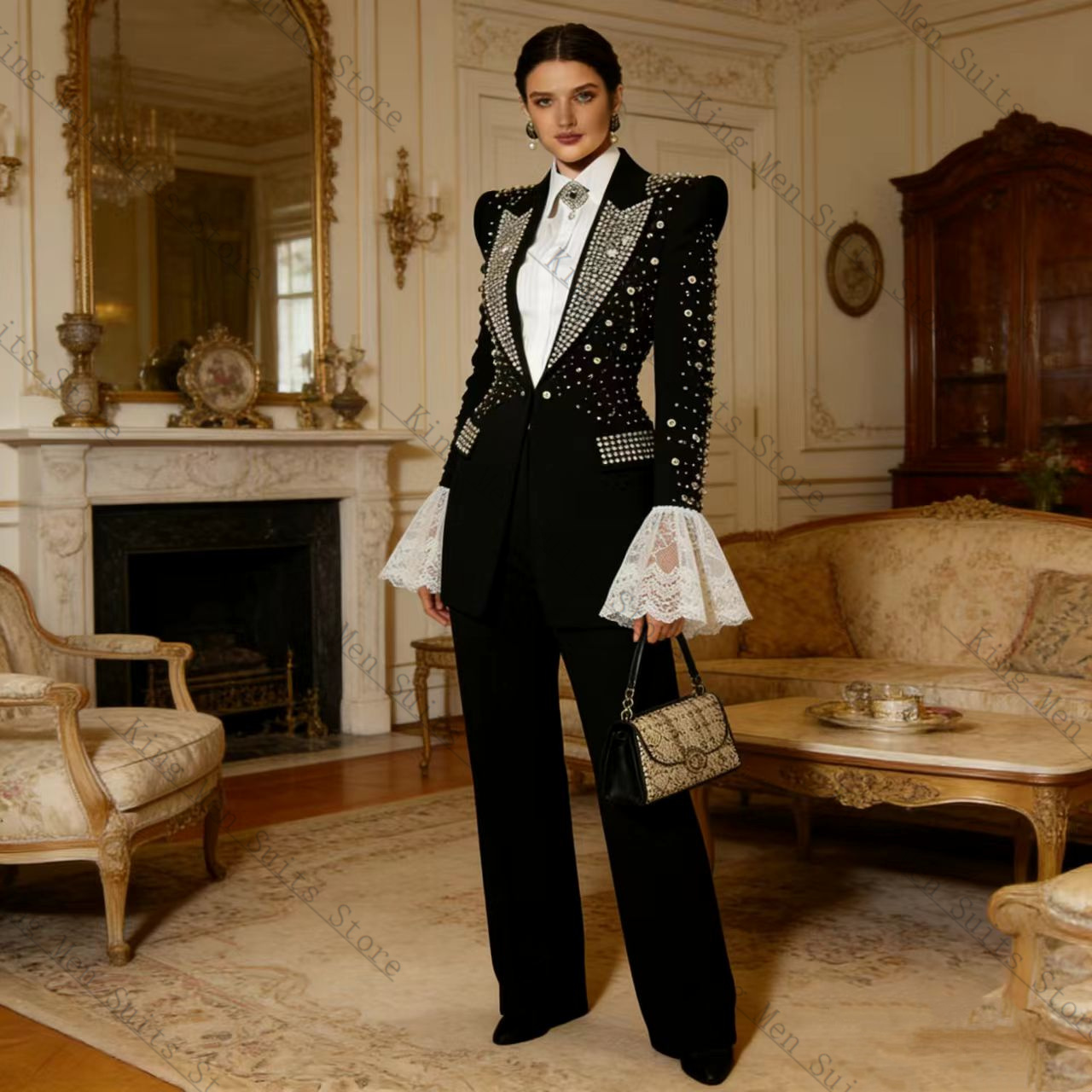 クリスタルブラック女性スーツセット 2 個ブレザー + パン - Women Formal Wear With Black Blazer のレビューと価格