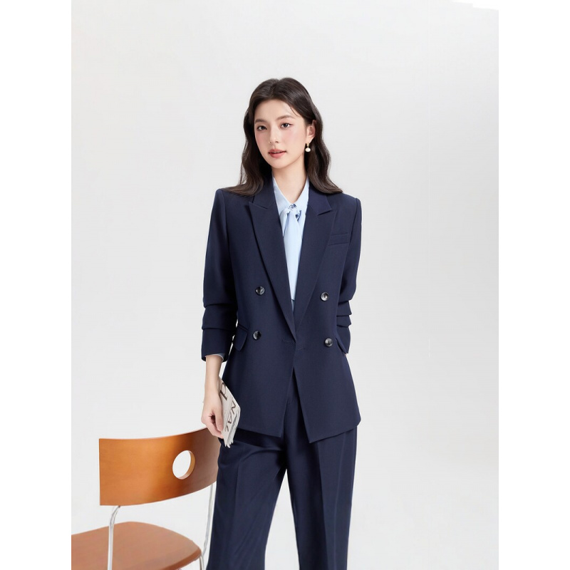 ネイビーブルーのダブルブレストレディースビジネススーツ202 - Women Formal Wear Korean のレビューと価格