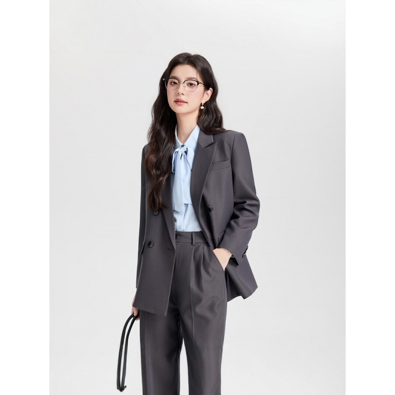 ネイビーブルーのダブルブレストレディースビジネススーツ202 - Women Formal Wear Korean のレビューと価格