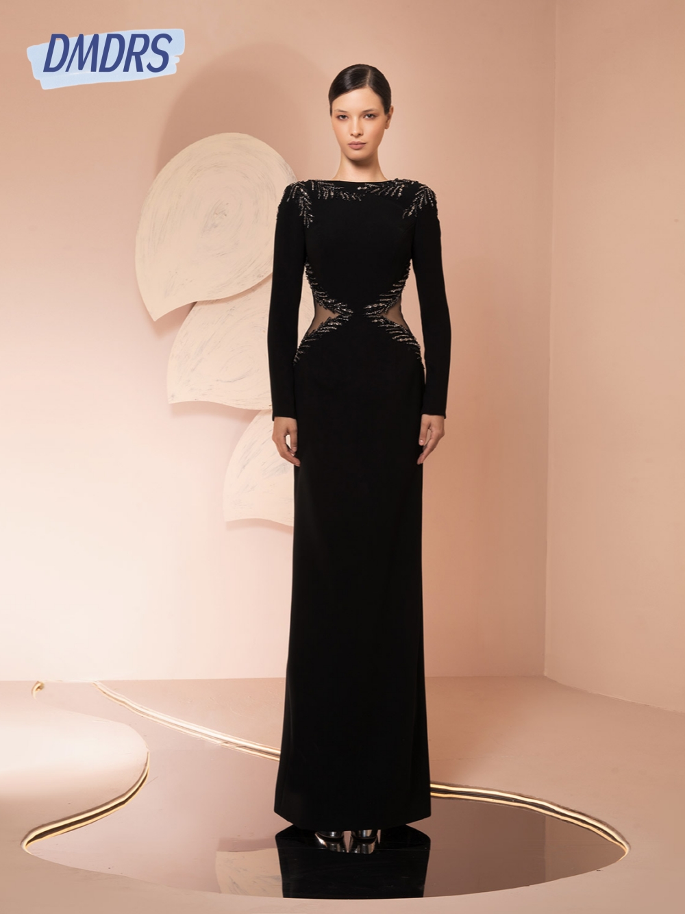 黒カットアウトイブニングドレス上品なボートネックストレート長 - Women Formal Wear Dubai のレビューと価格