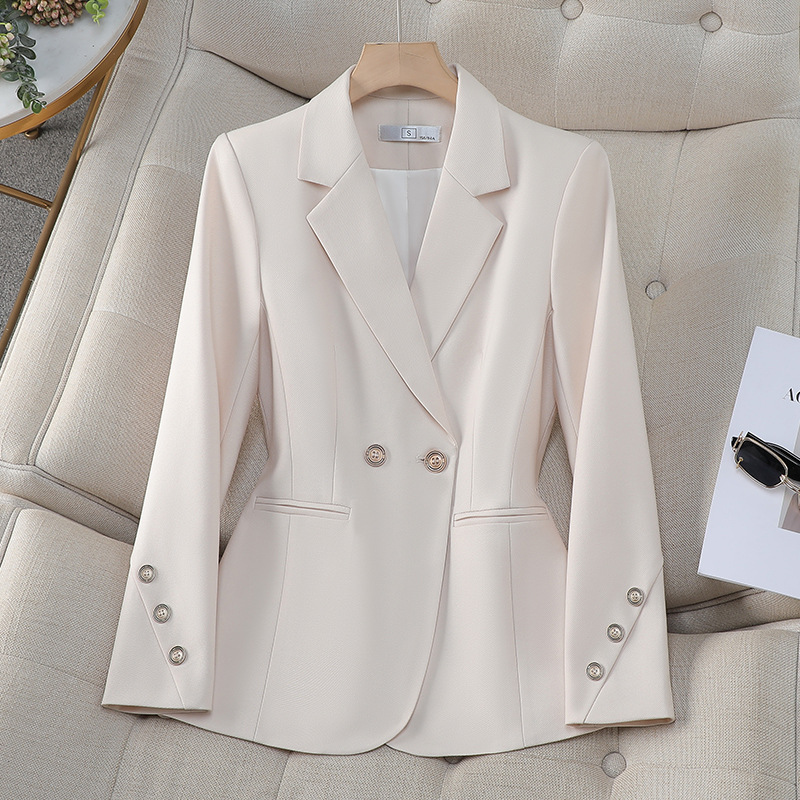 女性ダブルブレストソリッドブレザー秋アプリコットブラックカー - Women Formal Wear With Black Blazer のレビューと価格