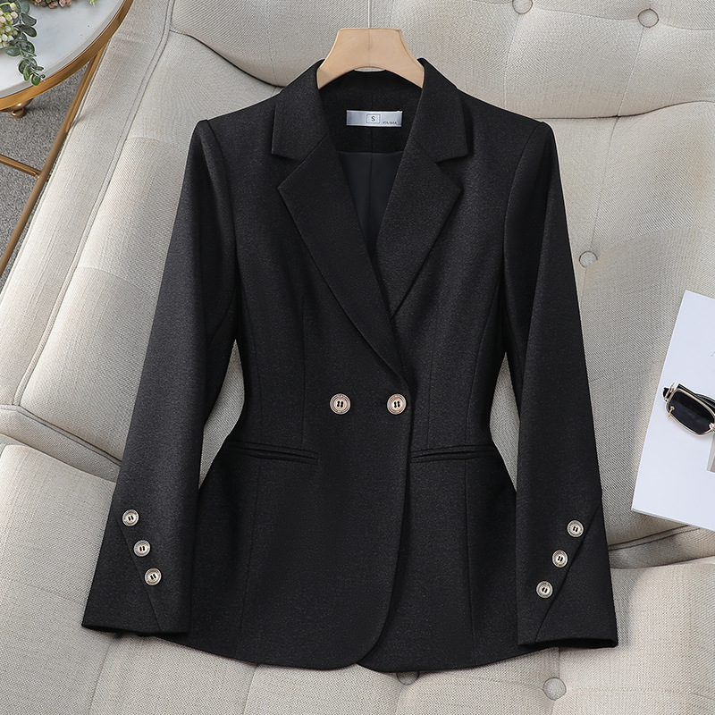 女性ダブルブレストソリッドブレザー秋アプリコットブラックカー - Women Formal Wear With Black Blazer のレビューと価格