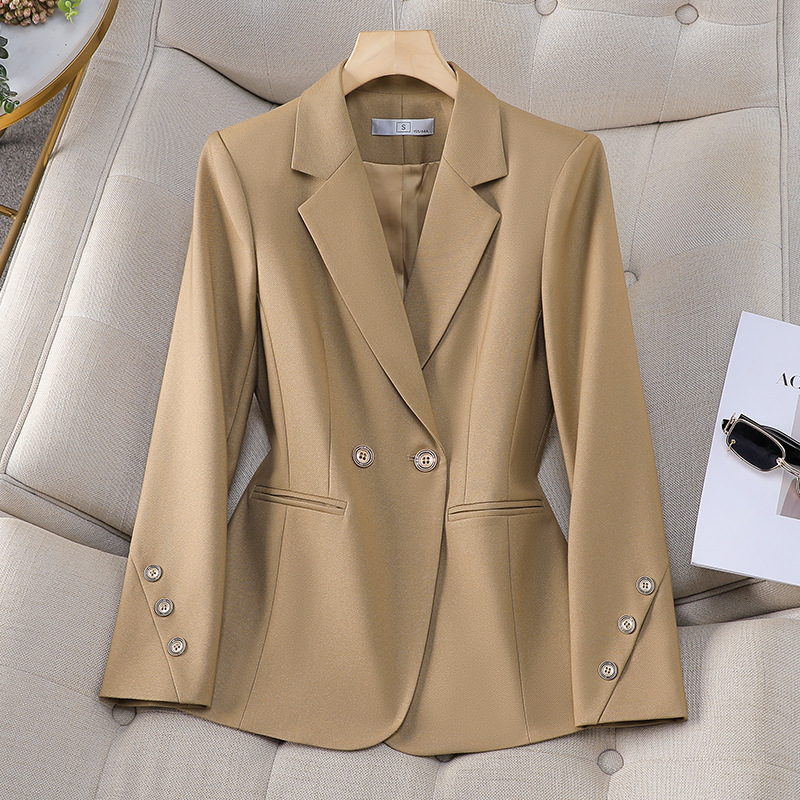 女性ダブルブレストソリッドブレザー秋アプリコットブラックカー - Women Formal Wear With Black Blazer のレビューと価格