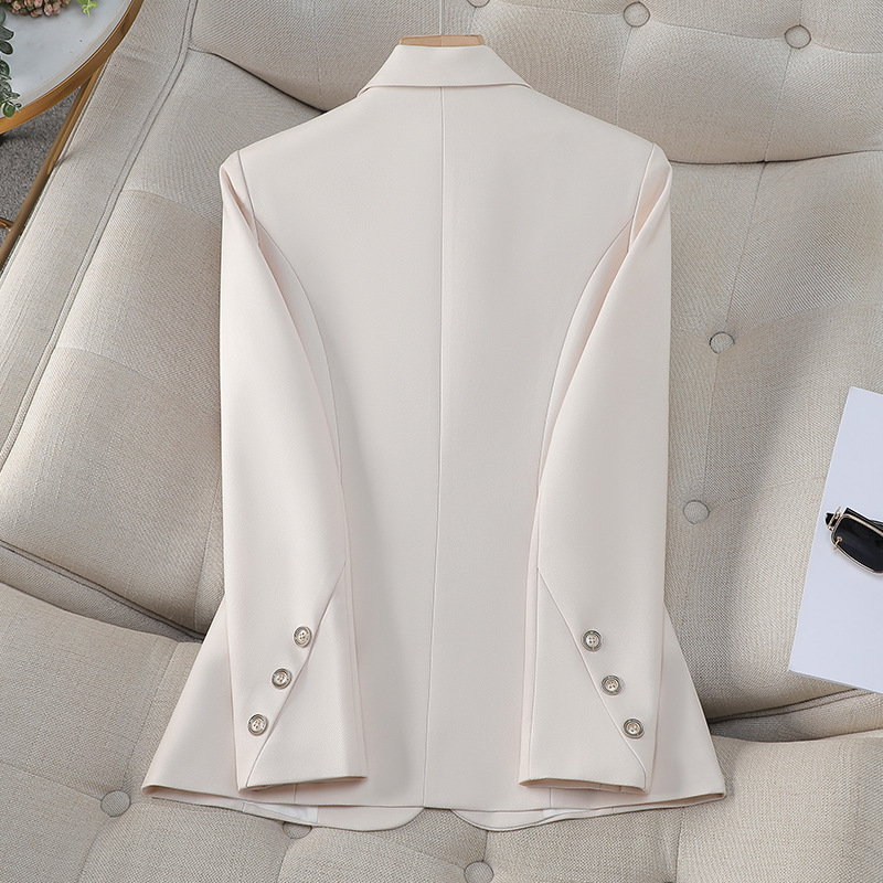 女性ダブルブレストソリッドブレザー秋アプリコットブラックカー - Women Formal Wear With Black Blazer のレビューと価格